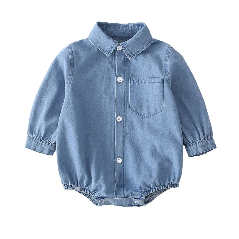 【66-90cm】春秋必須 お揃い 可愛い シンプル 無地 デニム シングルブレスト 新生児 ベビー服 女の子 男の子 赤ちゃん ロンパース