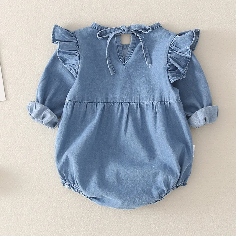 【66-90cm】春秋必須 お揃い 可愛い シンプル 無地 デニム シングルブレスト 新生児 ベビー服 女の子 男の子 赤ちゃん ロンパース