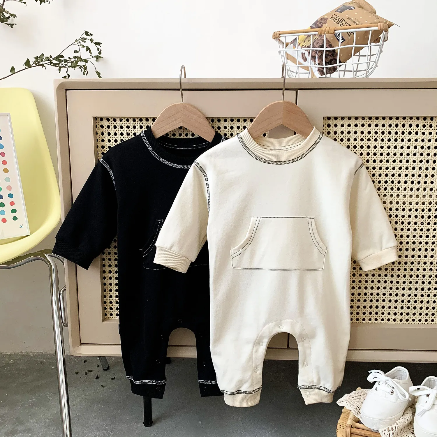 【66-90】韓国系 切り替え コットン 長袖 ベビー服 男の子 ロンパース