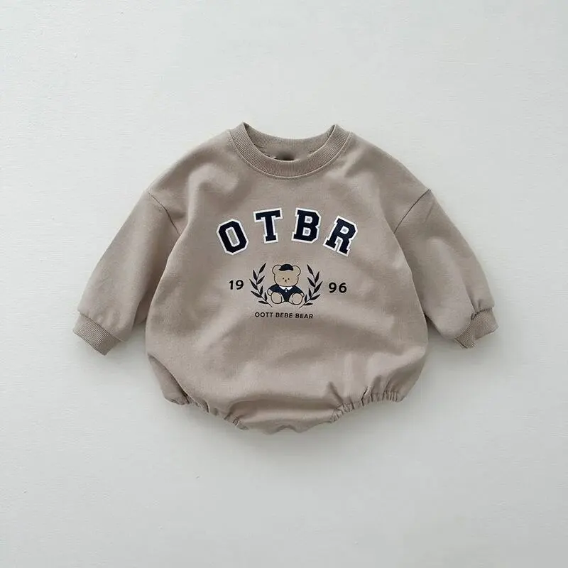 【66-90cm】春新作韓国風英字&クマコットンロンパース