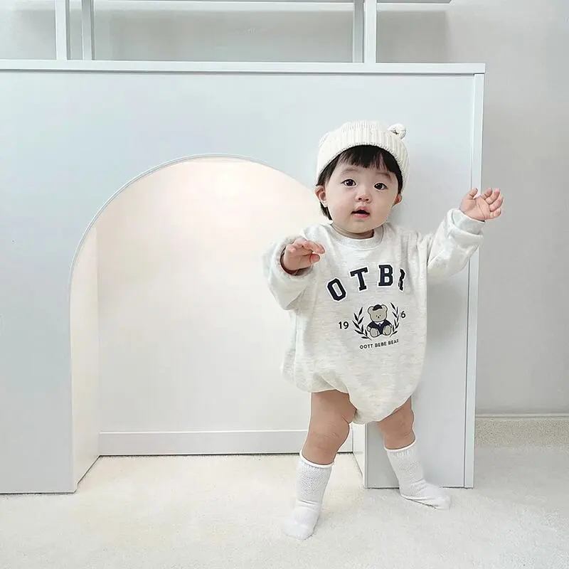 【66-90cm】春新作韓国風英字&クマコットンロンパース