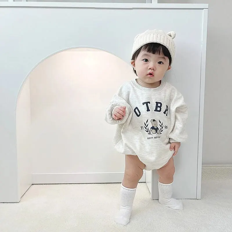 【66-90cm】春新作韓国風英字&クマコットンロンパース