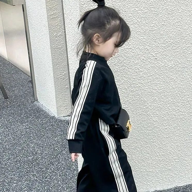 【100-170cm】韓国系ストライプ柄長袖ジッパーカジュアル女の子セットアップ