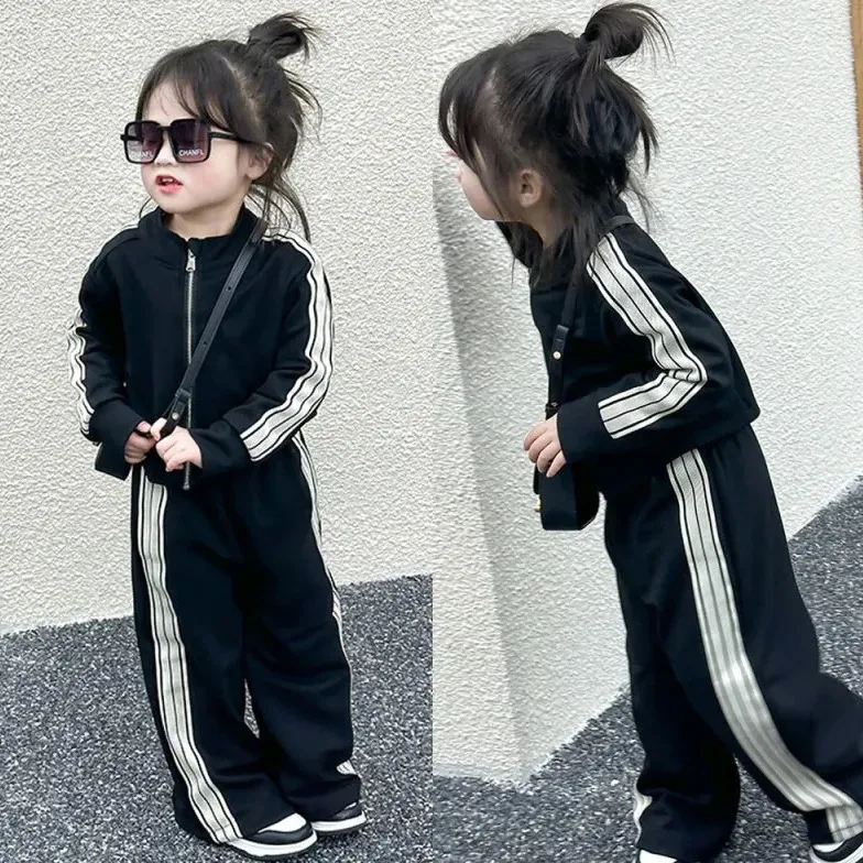 【100-170cm】韓国系ストライプ柄長袖ジッパーカジュアル女の子セットアップ
