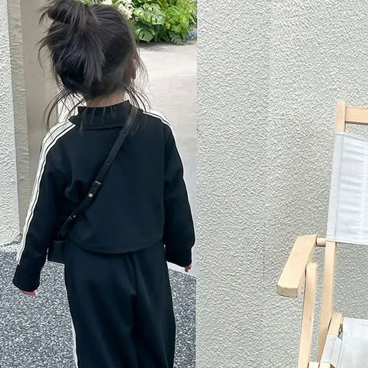 【100-170cm】韓国系ストライプ柄長袖ジッパーカジュアル女の子セットアップ