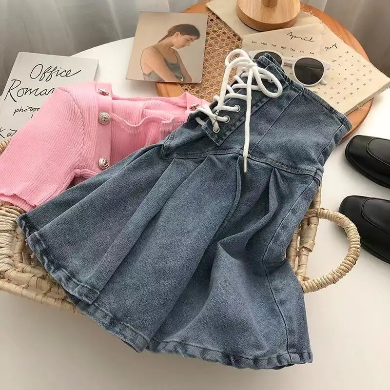 【100-150cm】レースアップデニムミニスカート