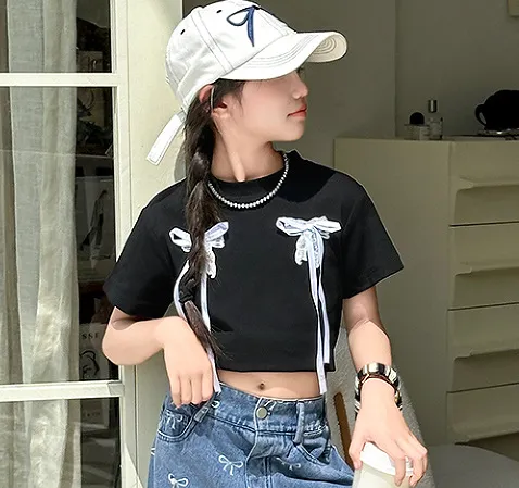 【120-170cm】単品注文可 質感のいい 着心地良い ファッション リボン付き 夏 Tシャツ/パンツ