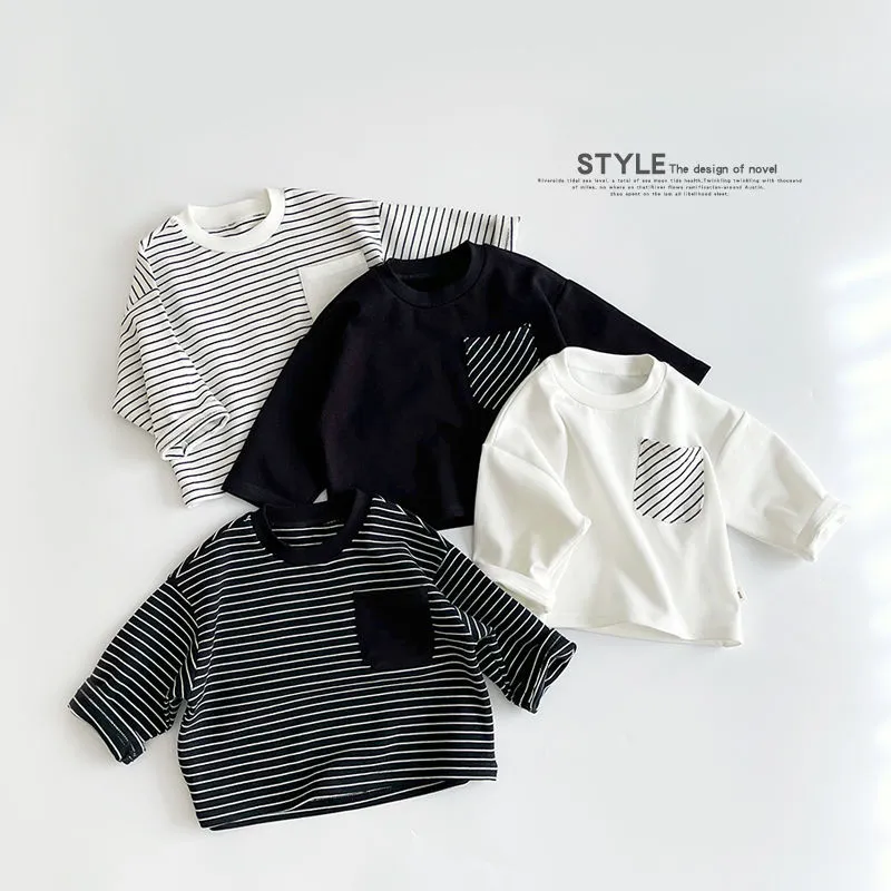 【80-130cm】抜群なデザイン!!!  鮮度高めのストライプ!  ボーダー柄 ポケット付き 春秋 長袖Ｔシャツ