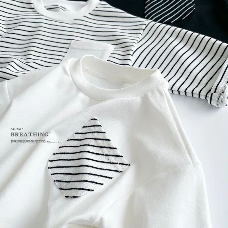 【80-130cm】抜群なデザイン!!!  鮮度高めのストライプ!  ボーダー柄 ポケット付き 春秋 長袖Ｔシャツ