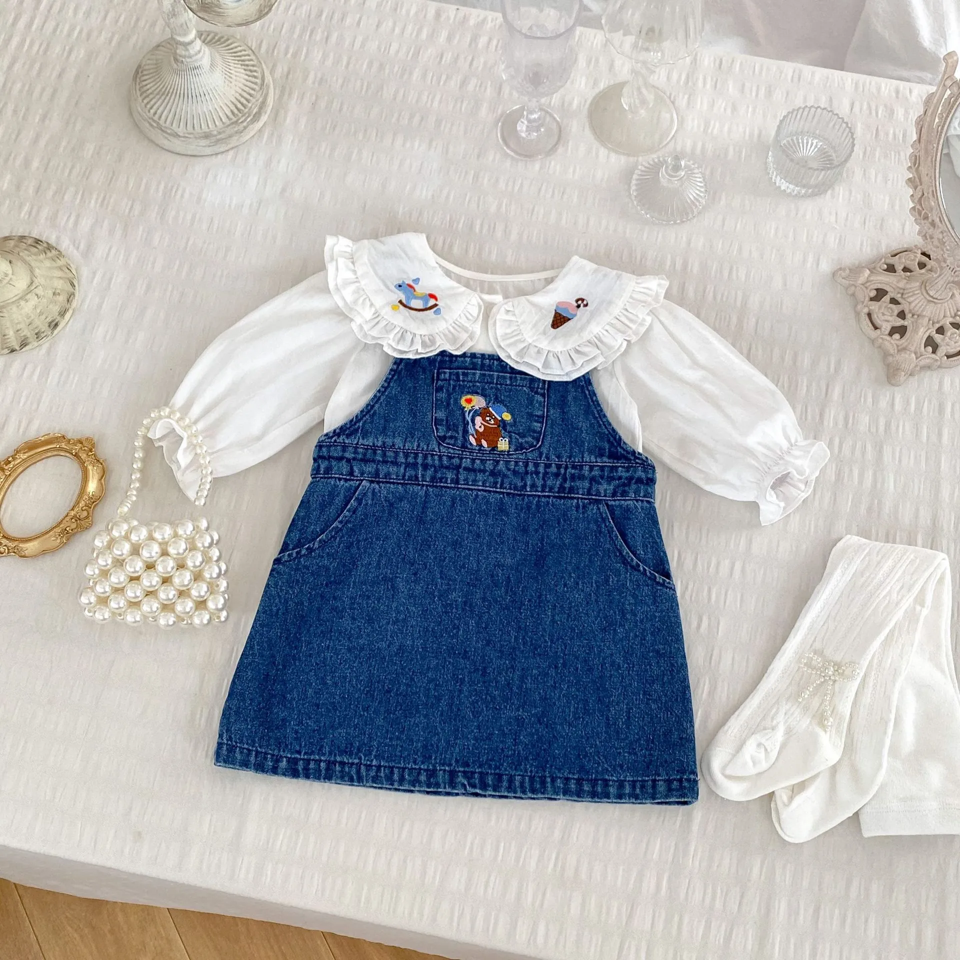 【73-120cm】二点セット 単品注文可 超かわいい 今季大注目 女の子 シャツ+デニムサスペンダースカート