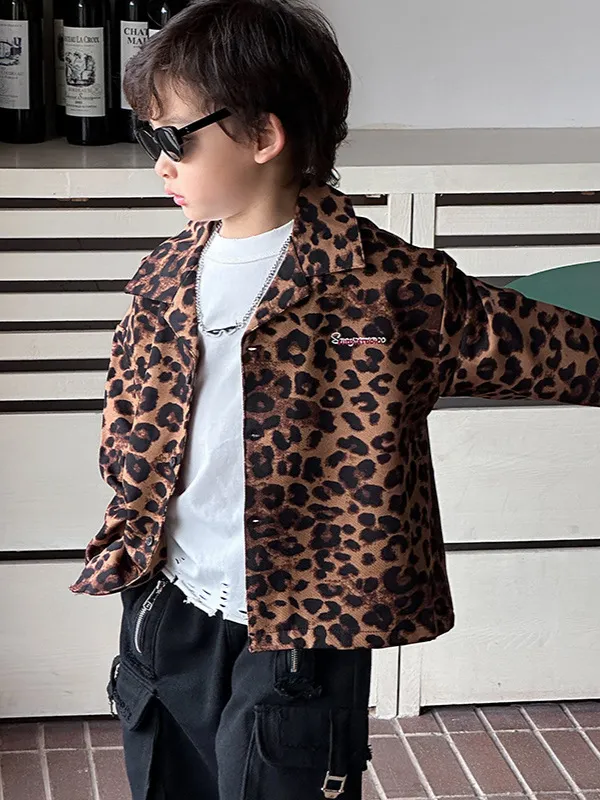 【90-150cm】おしゃれ 春秋 カジュアル 子供服 長袖 豹柄 シャツ トップ アウター