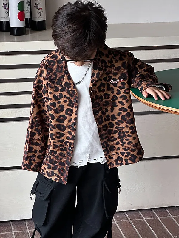【90-150cm】おしゃれ 春秋  カジュアル 子供服 長袖 豹柄 シャツ トップ アウター