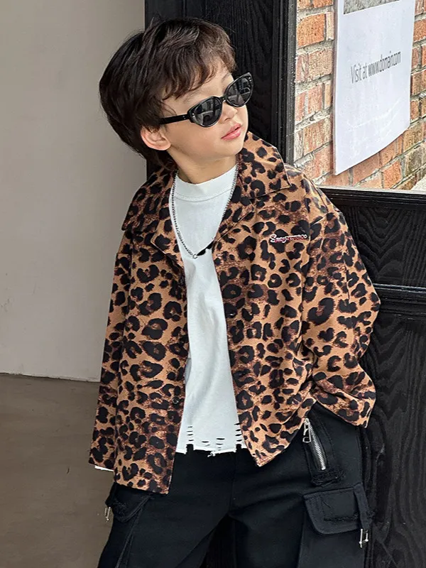 【90-150cm】おしゃれ 春秋  カジュアル 子供服 長袖 豹柄 シャツ トップ アウター