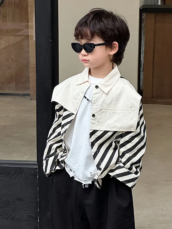 【90-150cm】超カッコイイ 春秋 こども  ストライプ+ホワイト 男の子 長袖 アウター