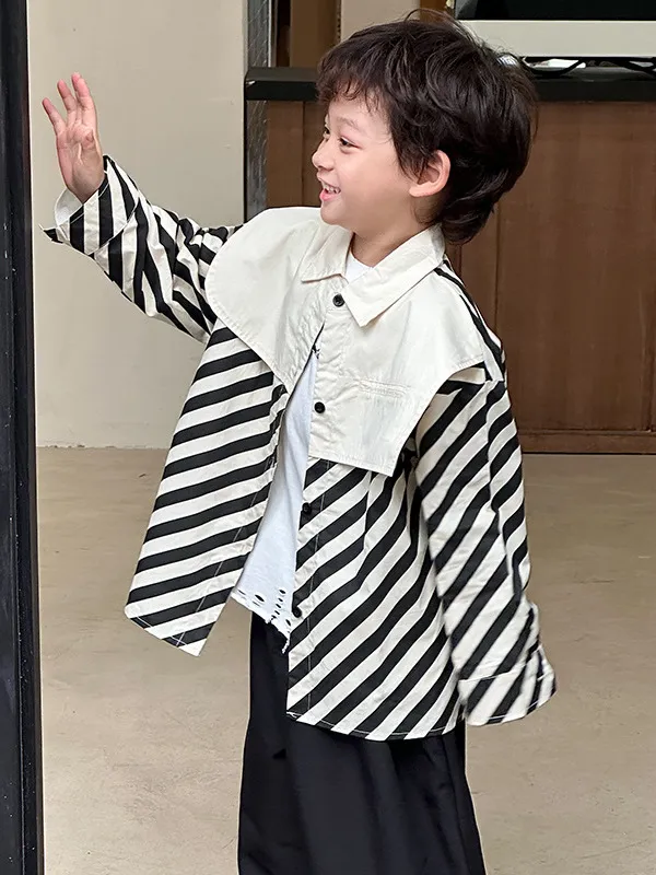 【90-150cm】超カッコイイ 春秋 こども  ストライプ+ホワイト 男の子 長袖 アウター