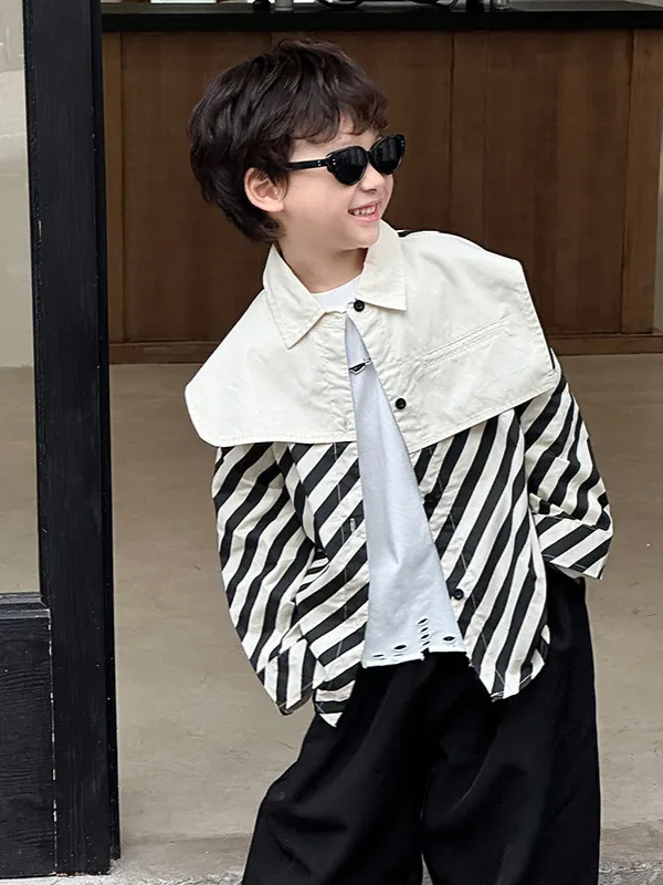 【90-150cm】超カッコイイ 春秋 こども  ストライプ+ホワイト 男の子 長袖 アウター