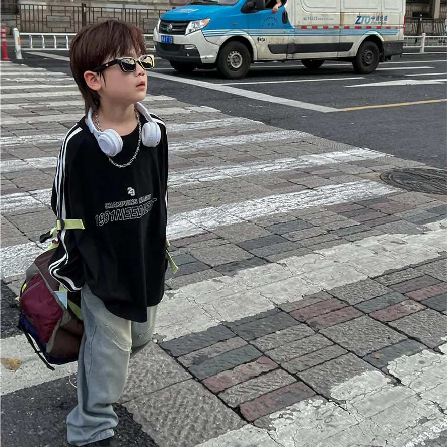 【90-160cm】韓国カジュアルスタイル ファッション 長袖 ゆったり 子供服 男の子 プリント  Tシャツ