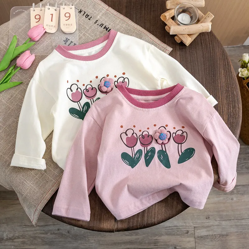 【80-130cm】可愛い花 立体感 長袖 トップス ゆったり 子供服 Tシャツ