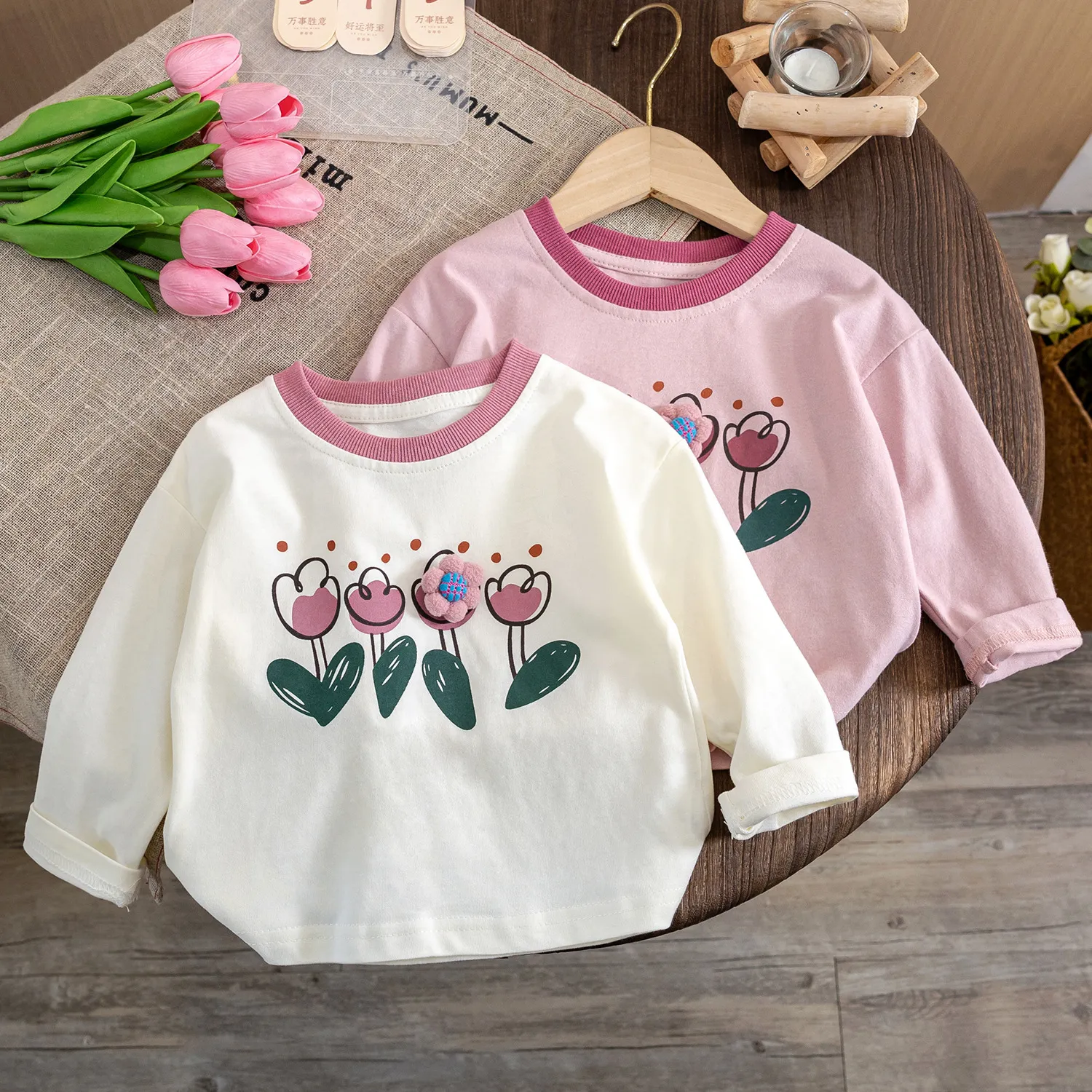 【80-130cm】可愛い花 立体感 長袖 トップス ゆったり 子供服 Tシャツ