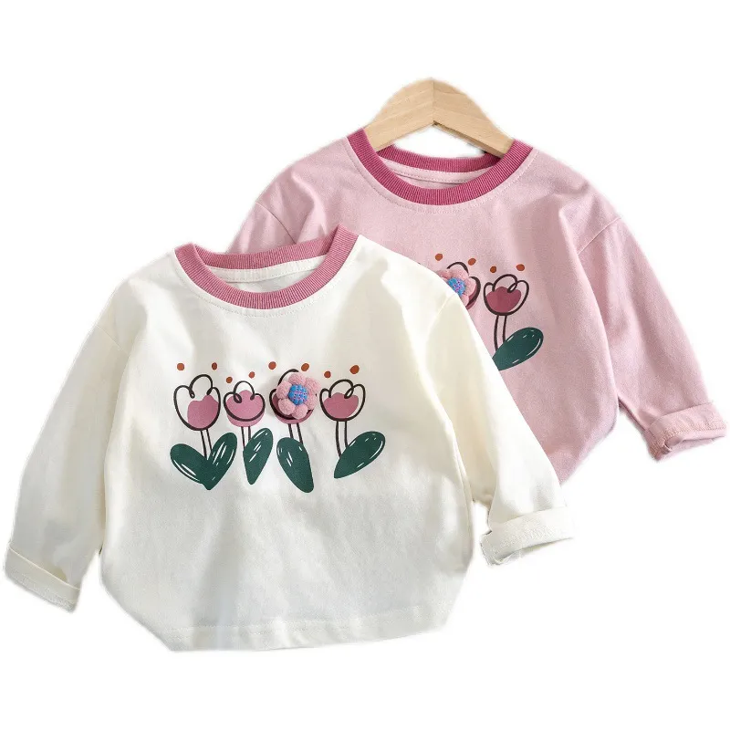 【80-130cm】可愛い花 立体感 長袖 トップス ゆったり 子供服 Tシャツ