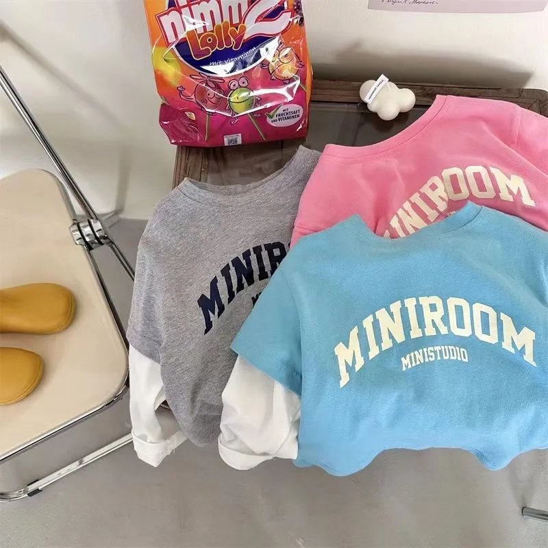 【80-130cm】可愛い シンプル 子供服 長袖 アルファベット 切り替え Tシャツ