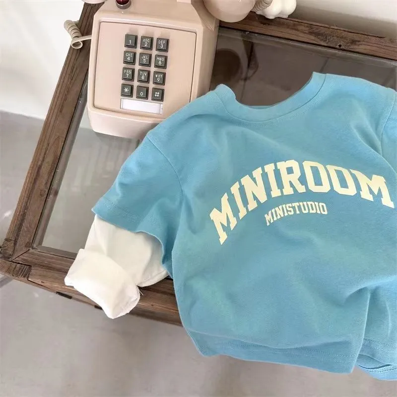 【80-130cm】可愛い シンプル 子供服 長袖 アルファベット 切り替え Tシャツ