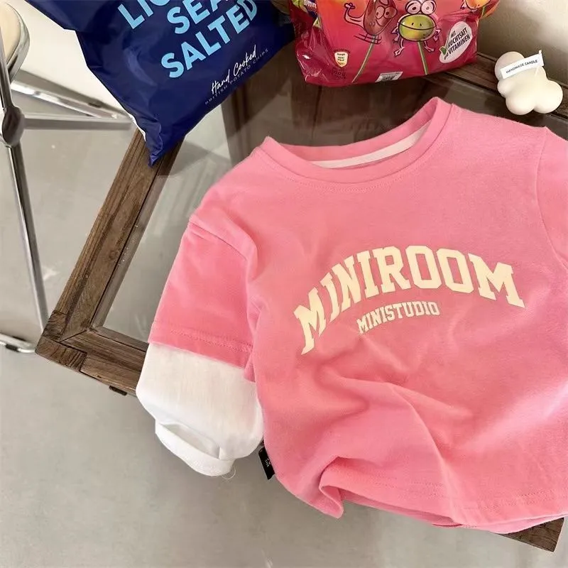 【80-130cm】可愛い シンプル 子供服 長袖 アルファベット 切り替え Tシャツ