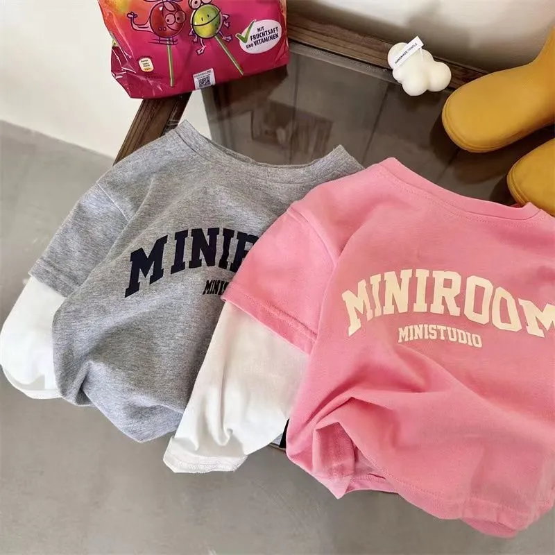 【80-130cm】可愛い シンプル 子供服 長袖 アルファベット 切り替え Tシャツ