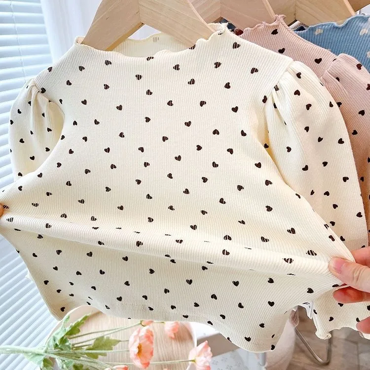 【80-140cm】韓国系 女の子 ハート柄 パフスリーブ 着心地良い 合わせやすい 长袖 Tシャツ