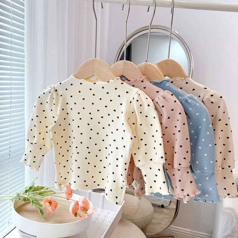 【80-140cm】韓国系 女の子 ハート柄 パフスリーブ 着心地良い 合わせやすい 长袖 Tシャツ