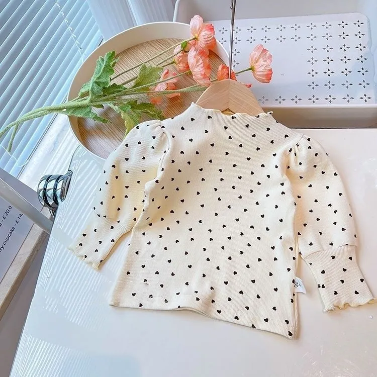 【80-140cm】韓国系 女の子 ハート柄 パフスリーブ 着心地良い 合わせやすい 长袖 Tシャツ