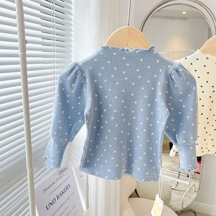 【80-140cm】韓国系 女の子 ハート柄 パフスリーブ 着心地良い 合わせやすい 长袖 Tシャツ