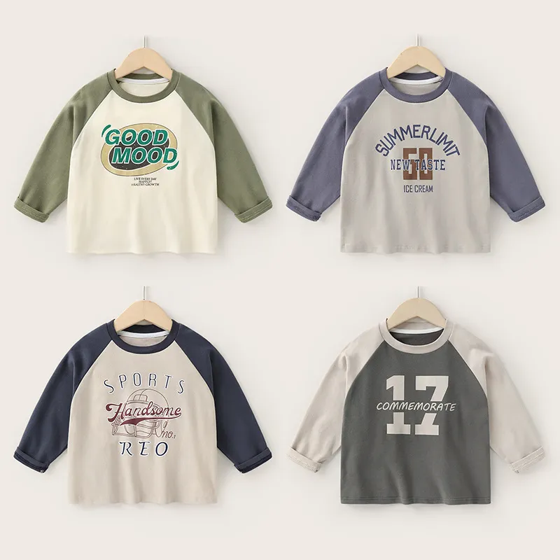 【90-140cm】高品質!着心地良い!アルファベット ラウンドネック 長袖 Tシャツ
