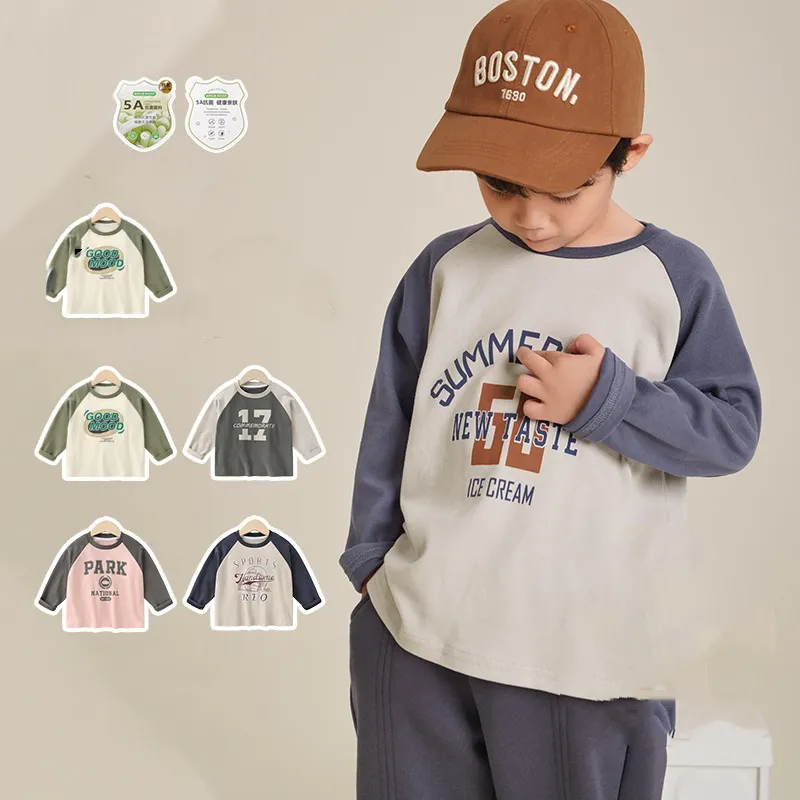 【90-140cm】高品質!着心地良い!アルファベット ラウンドネック 長袖 Tシャツ