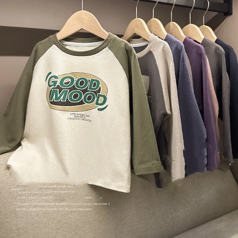 【90-140cm】高品質!着心地良い!アルファベット ラウンドネック 長袖 Tシャツ