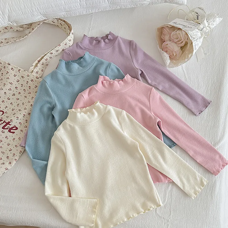 【90-150cm】超可愛い!シンプル 着心地良い フリル衿 無地 女の子 長袖 Tシャツ