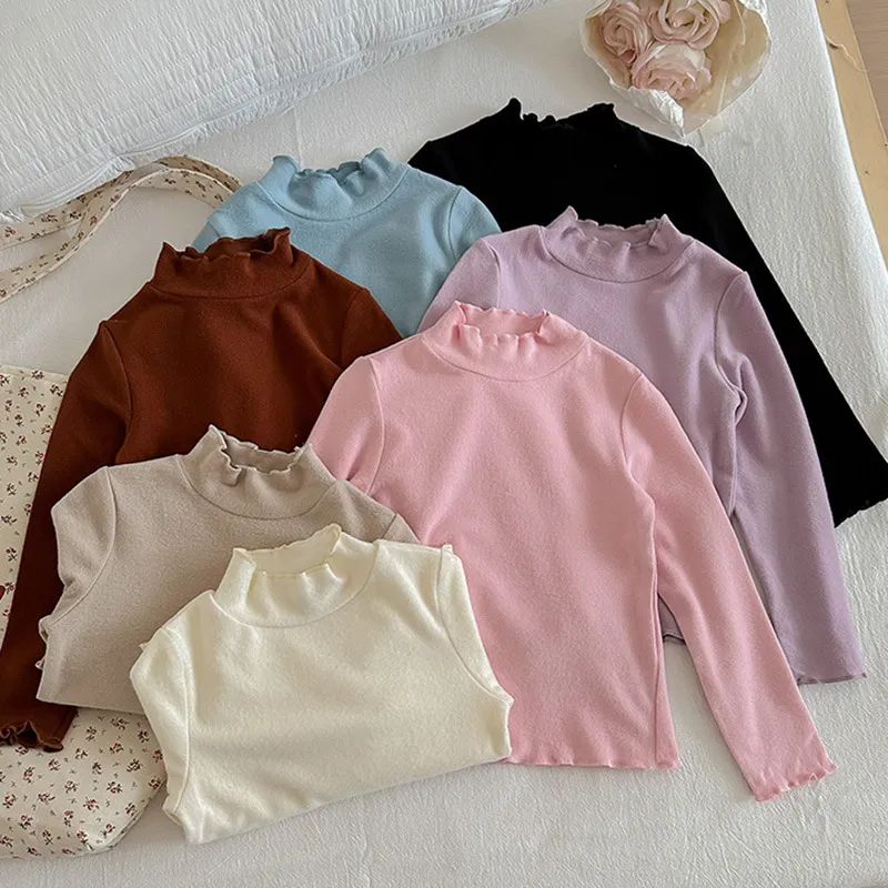 【90-150cm】超可愛い！シンプル 着心地良い フリル衿 無地 女の子 長袖 Ｔシャツ