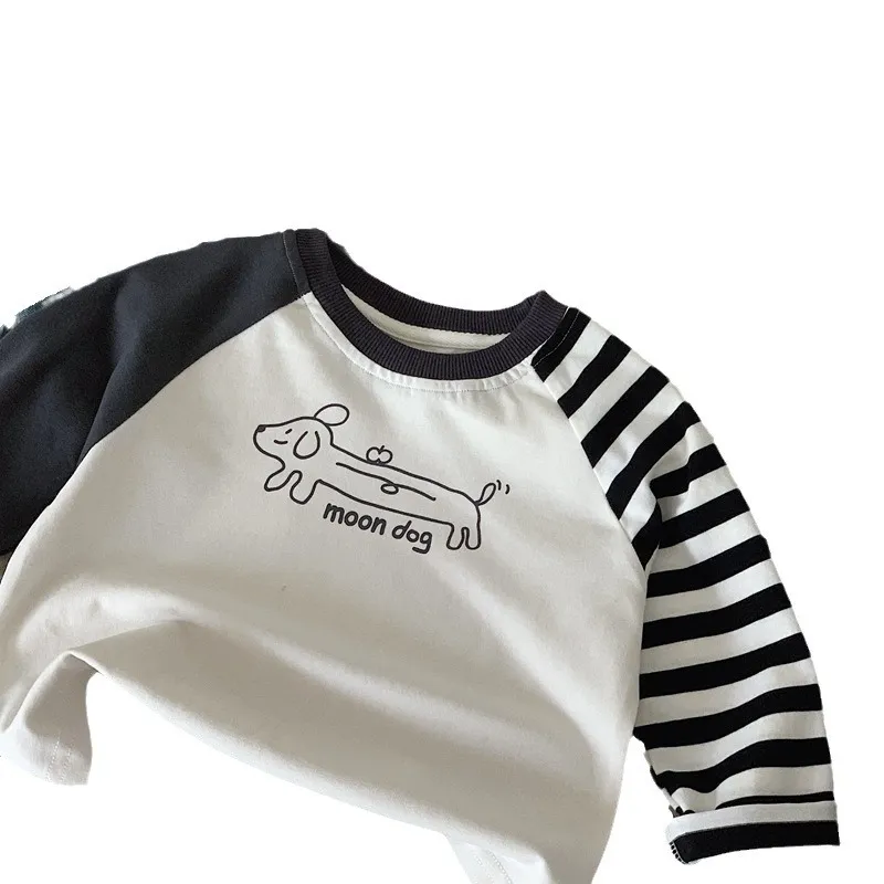 【80-130cm】カートゥーンプリント ボーダー 着やすい 男の子 長袖 ラウンドネック Tシャツ