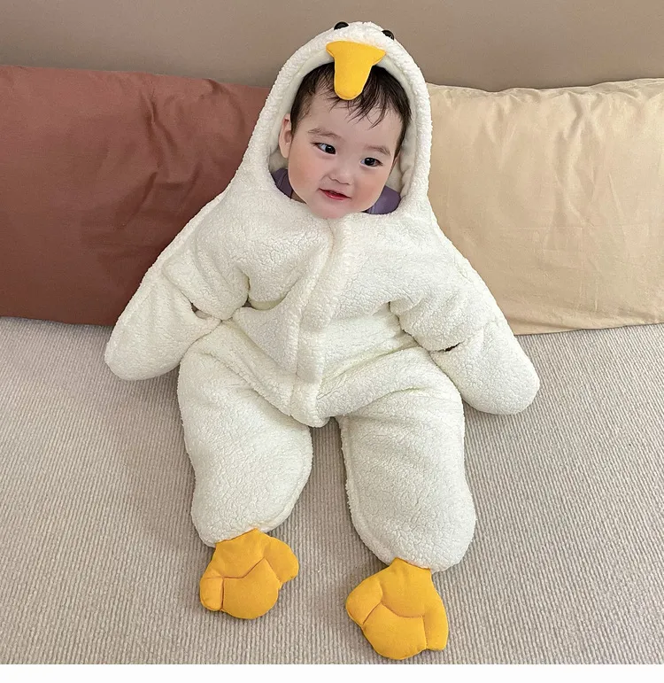 【S-L】ふわふわもこもこ ベビーロンパース 着ぐるみ 冬用 赤ちゃん カバーオール ダック ベビーウエア
