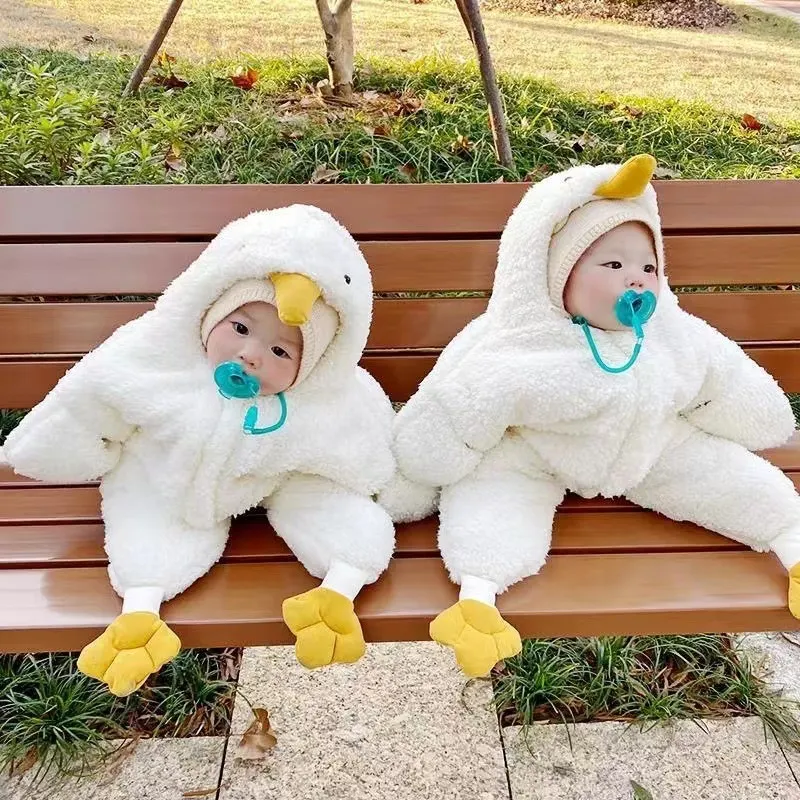【S-L】ふわふわもこもこ ベビーロンパース 着ぐるみ 冬用 赤ちゃん カバーオール ダック ベビーウエア