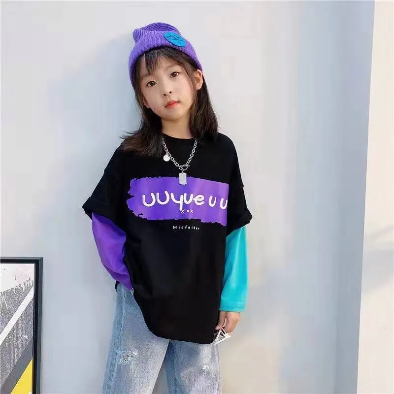 【100-160cm】おすすめ!秋新作 合わせやすい カジュアル ファッション アルファベット 配色 女の子 長袖 Tシャツ