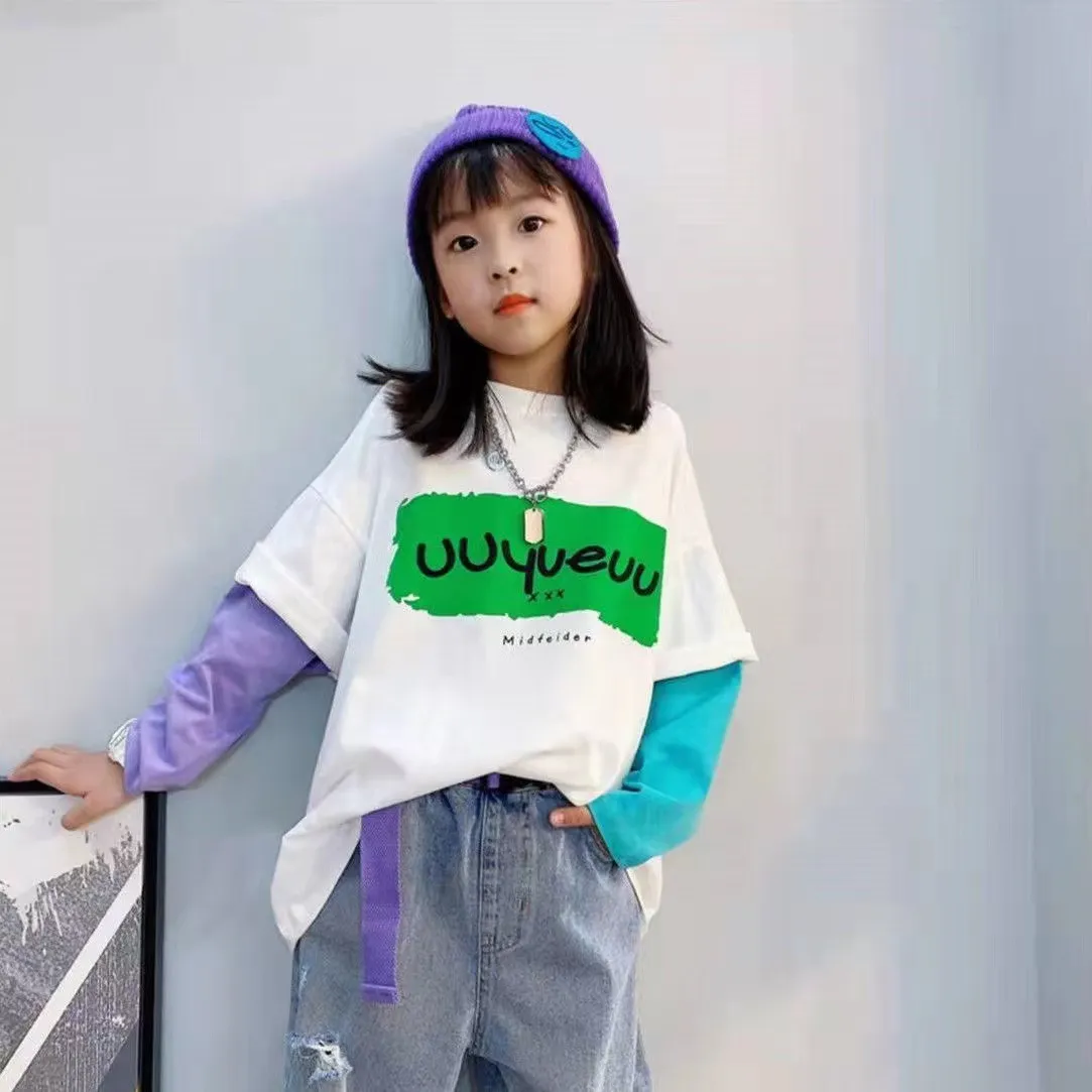 【100-160cm】おすすめ!秋新作 合わせやすい カジュアル ファッション アルファベット 配色 女の子 長袖 Tシャツ