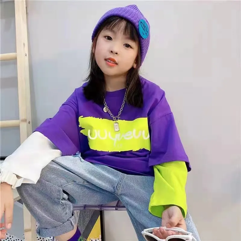 【100-160cm】おすすめ!秋新作 合わせやすい カジュアル ファッション アルファベット 配色 女の子 長袖 Tシャツ
