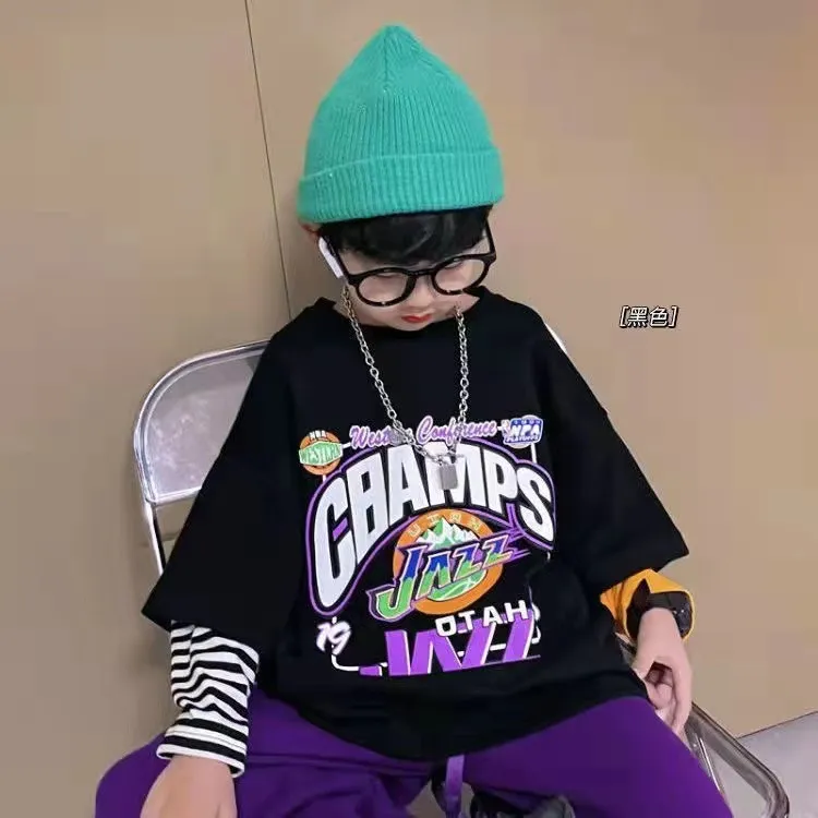 【110-170cm】超人気商品!カジュアル おしゃれ アルファベット ボーダー柄 切り替え 男の子 長袖 Tシャツ