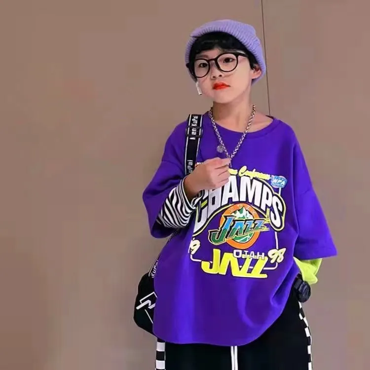 【110-170cm】超人気商品!カジュアル おしゃれ アルファベット ボーダー柄 切り替え 男の子 長袖 Tシャツ