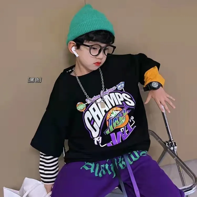 【110-170cm】超人気商品!カジュアル おしゃれ アルファベット ボーダー柄 切り替え 男の子 長袖 Tシャツ