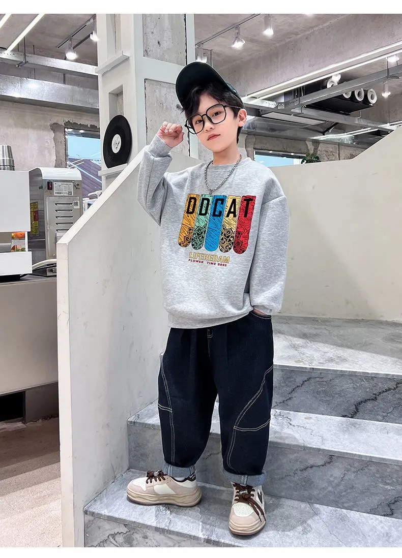 【110-170cm】特別なデザイン!モード カジュアル 配色 プリント 男の子 長袖 トレーナー