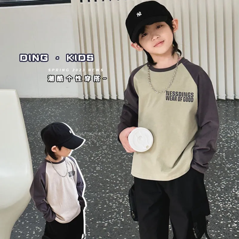 【100-160cm】合わせやすい！ カジュアル キャンパス 日常 切り替え 男の子 長袖 Ｔシャツ