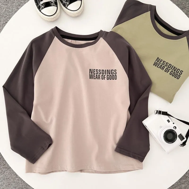 【100-160cm】合わせやすい！ カジュアル キャンパス 日常 切り替え 男の子 長袖 Ｔシャツ
