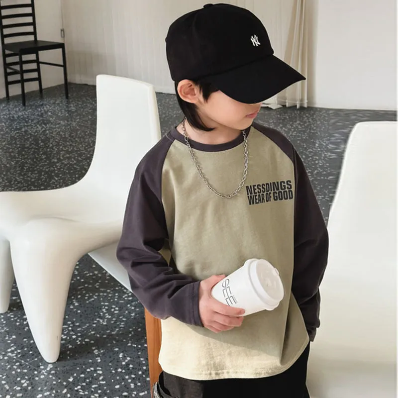 【100-160cm】合わせやすい！ カジュアル キャンパス 日常 切り替え 男の子 長袖 Ｔシャツ